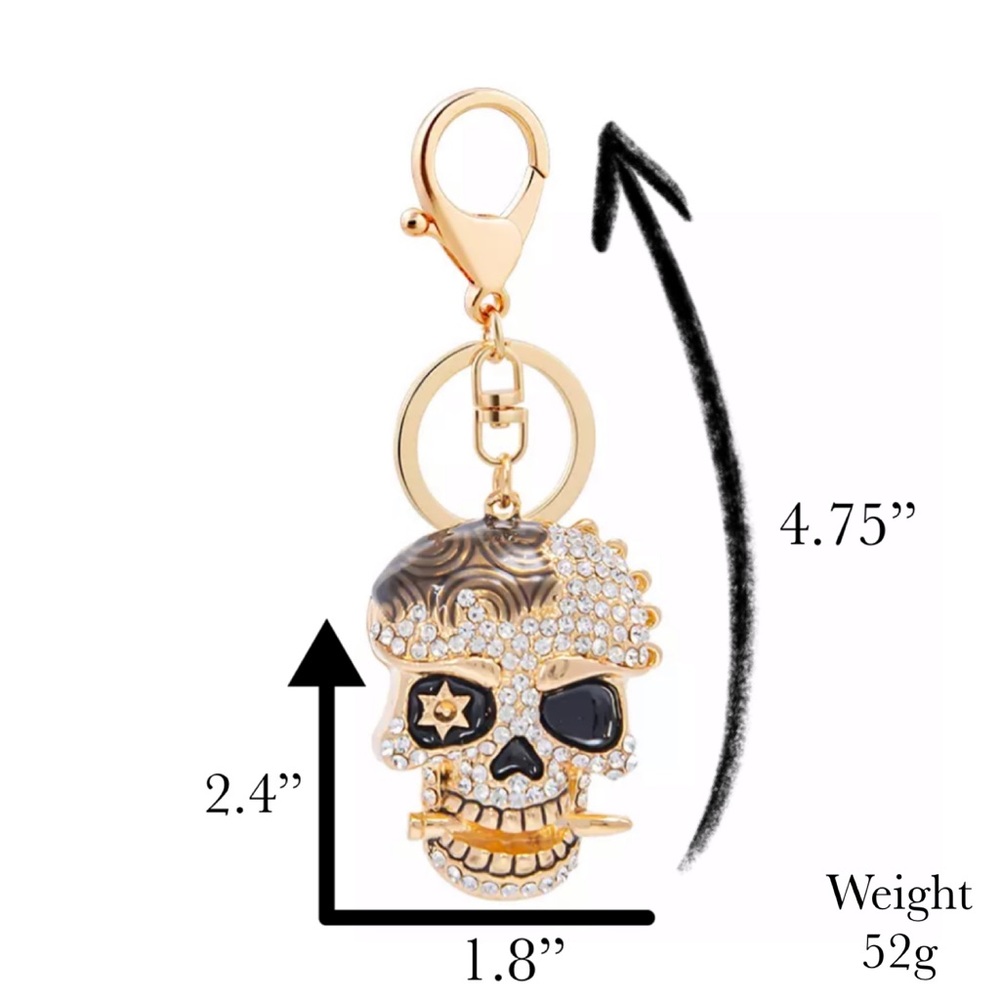 Black & Gold Crystal Pirate Skull Keychain - Picture 6 of 16